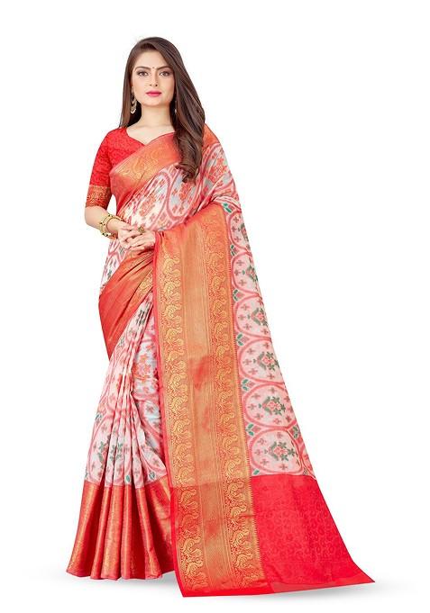White Jacquard Blended Saree Set — view on Indya