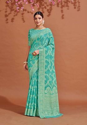 Turquoise Blue Embroidered Blended Saree Set