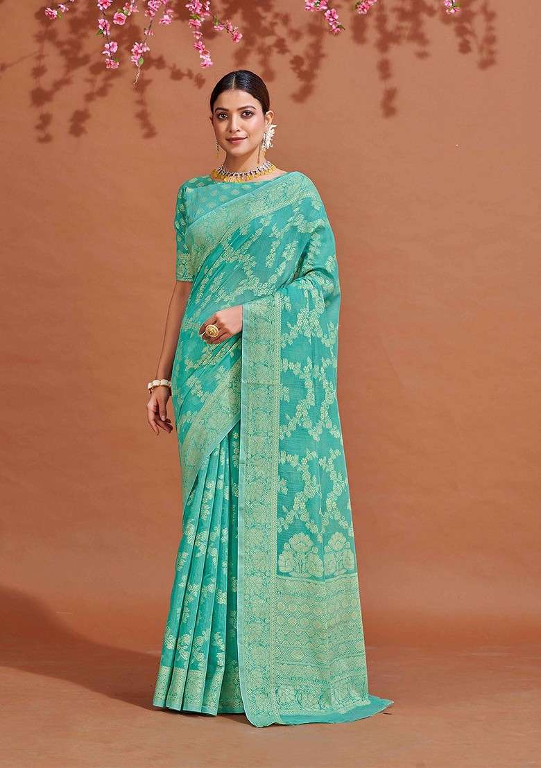 Turquoise Blue Embroidered Blended Saree Set - Indya