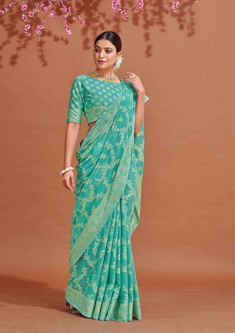 Turquoise Blue Embroidered Blended Saree Set - Indya