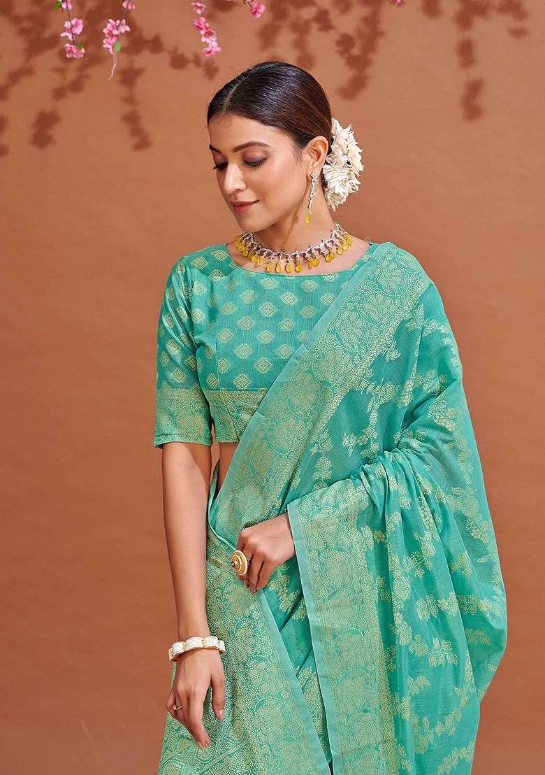 Turquoise Blue Embroidered Blended Saree Set - Indya