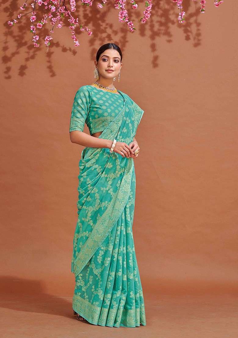 Turquoise Blue Embroidered Blended Saree Set - Indya
