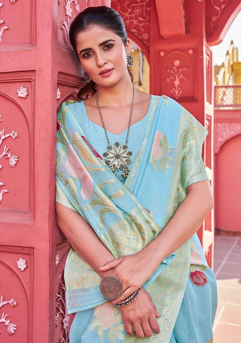 Turquoise Blue Blended Saree Set with Embroidered for Diwali | Wedding & Festive Wear - Indya