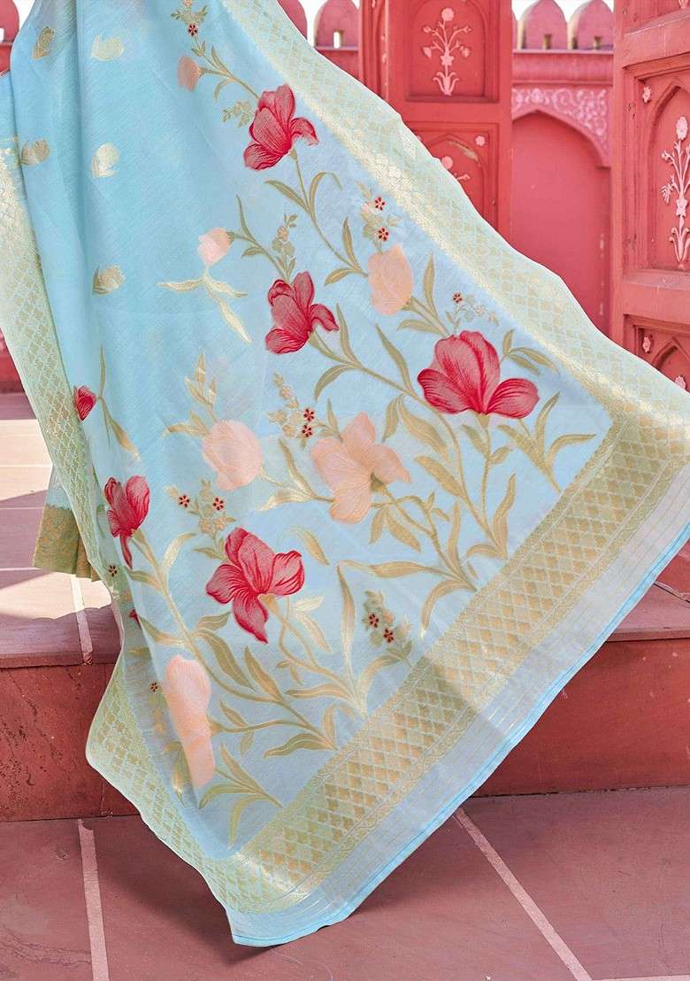 Turquoise Blue Blended Saree Set with Embroidered for Diwali | Wedding & Festive Wear - Indya