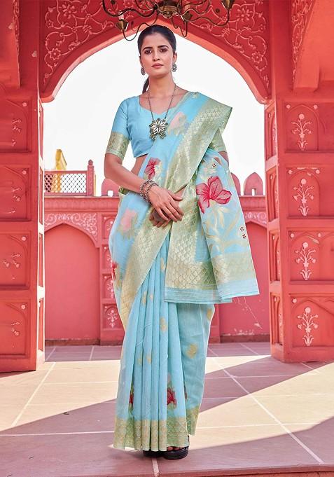 Turquoise Blue Embroidered Blended Saree Set