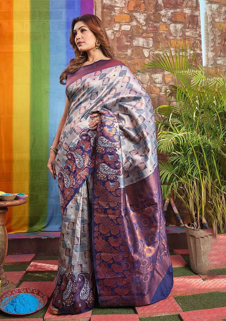 Navy Blue Embroidered Blended Saree Set - Indya