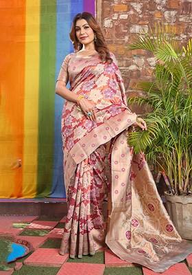 Cream Embroidered Blended Saree Set