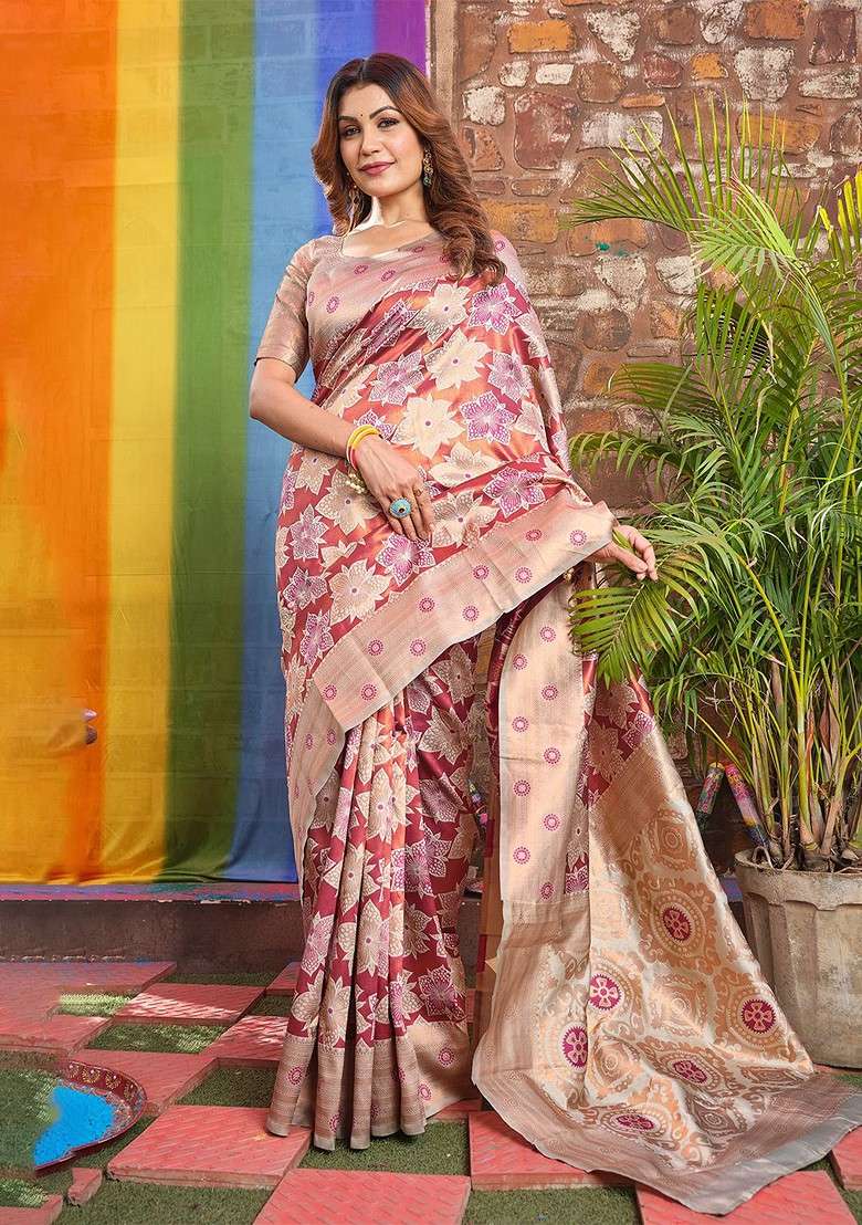 Cream Embroidered Blended Saree Set - Indya