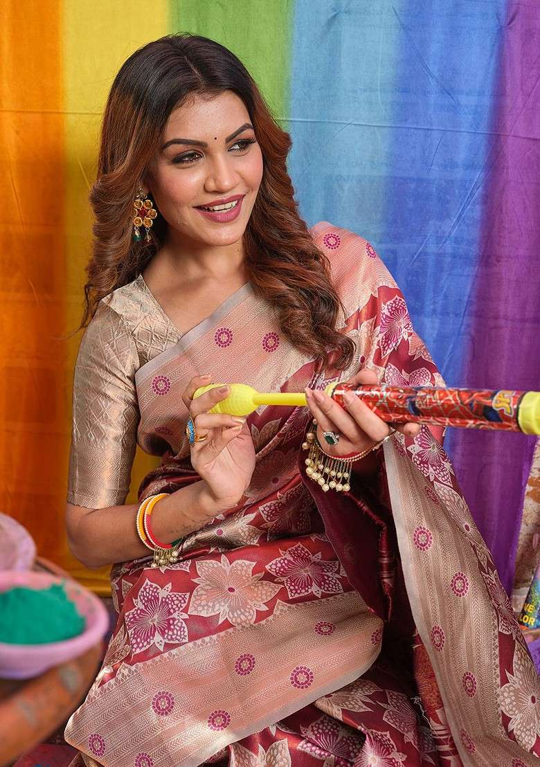 Cream Embroidered Blended Saree Set - Indya