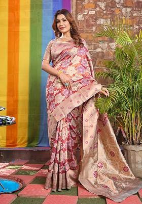 Cream Embroidered Blended Saree Set