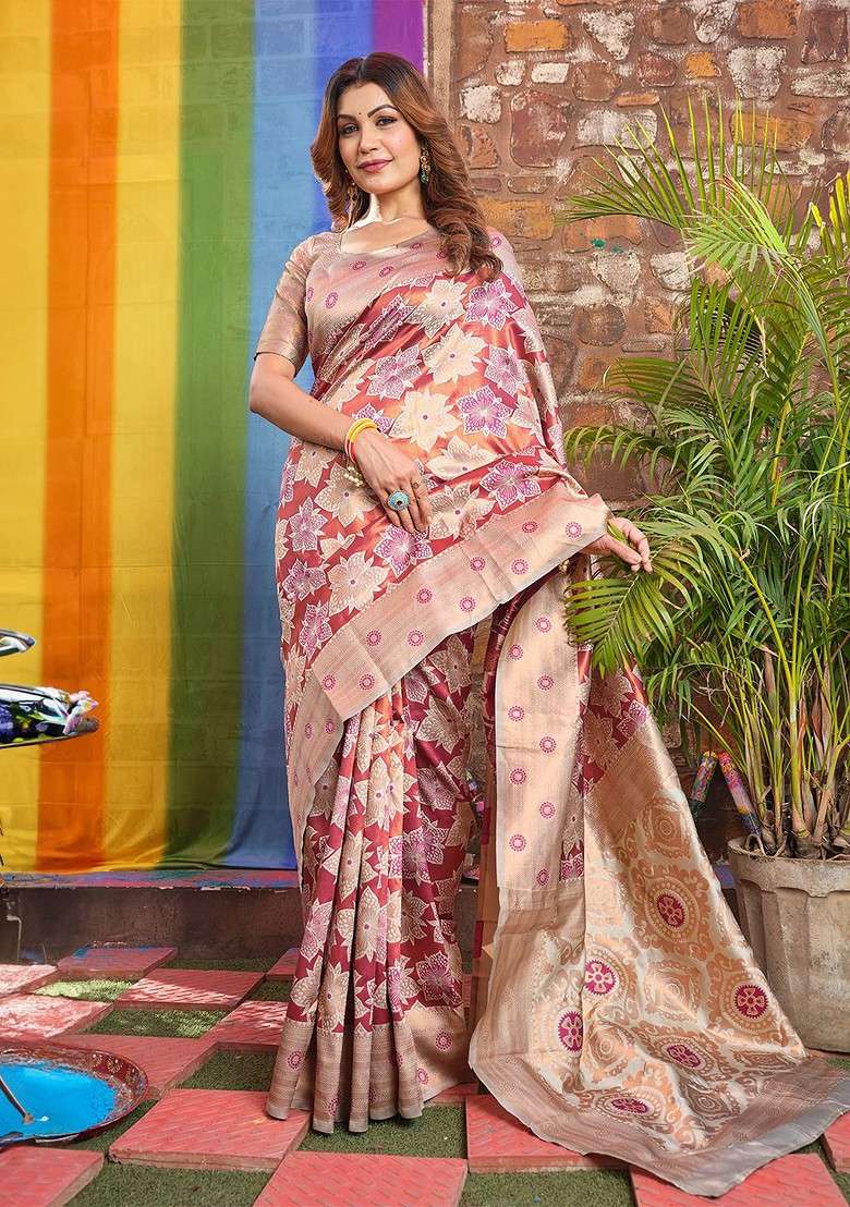Cream Embroidered Blended Saree Set - Indya