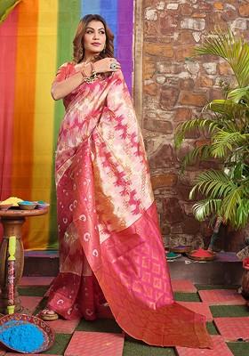 Cream Embroidered Blended Saree Set