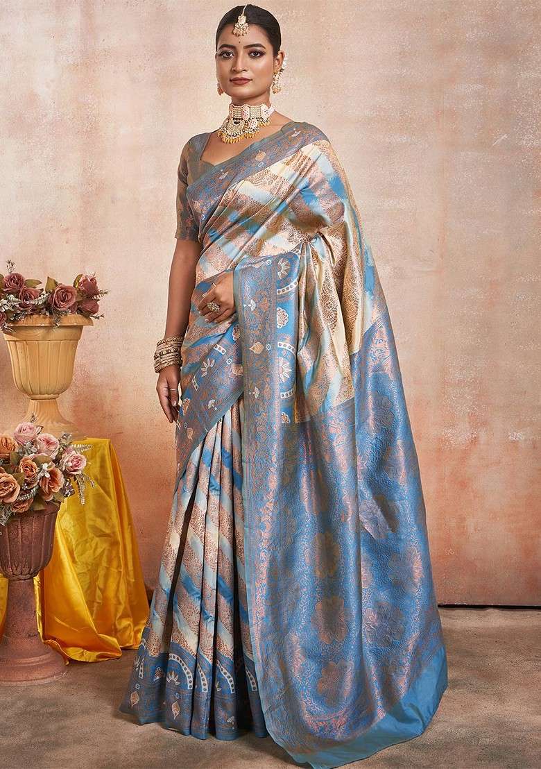 Cream Embroidered Blended Saree Set - Indya