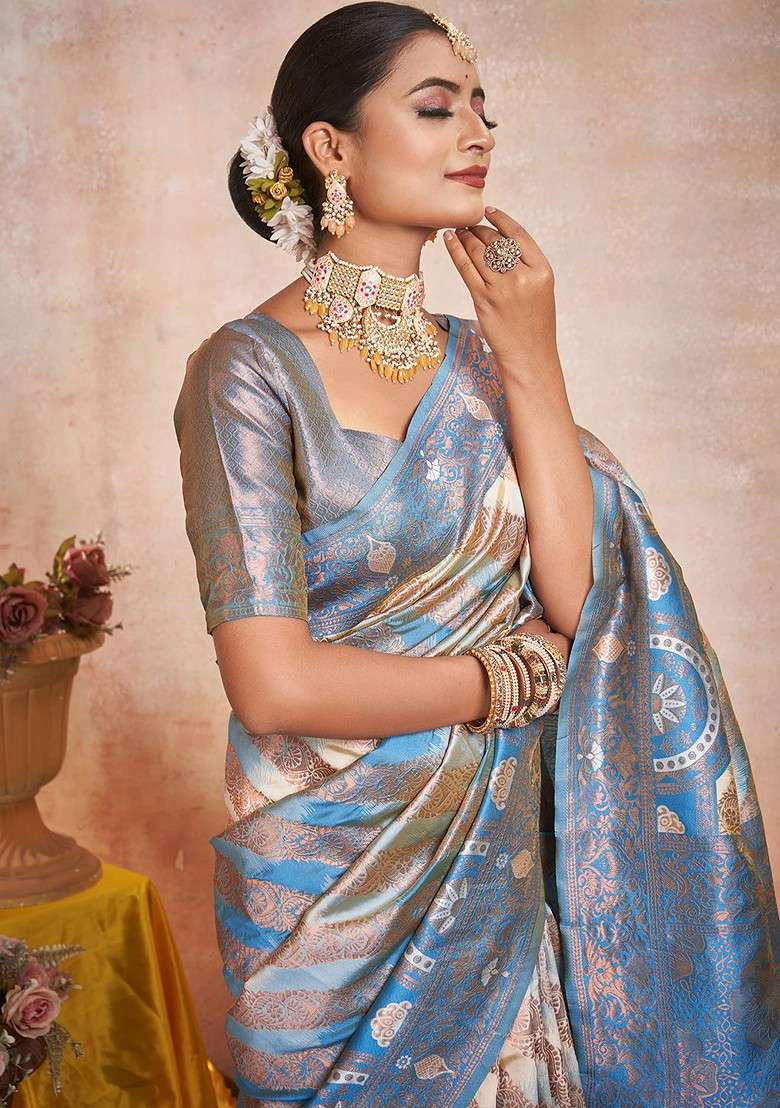 Cream Embroidered Blended Saree Set - Indya