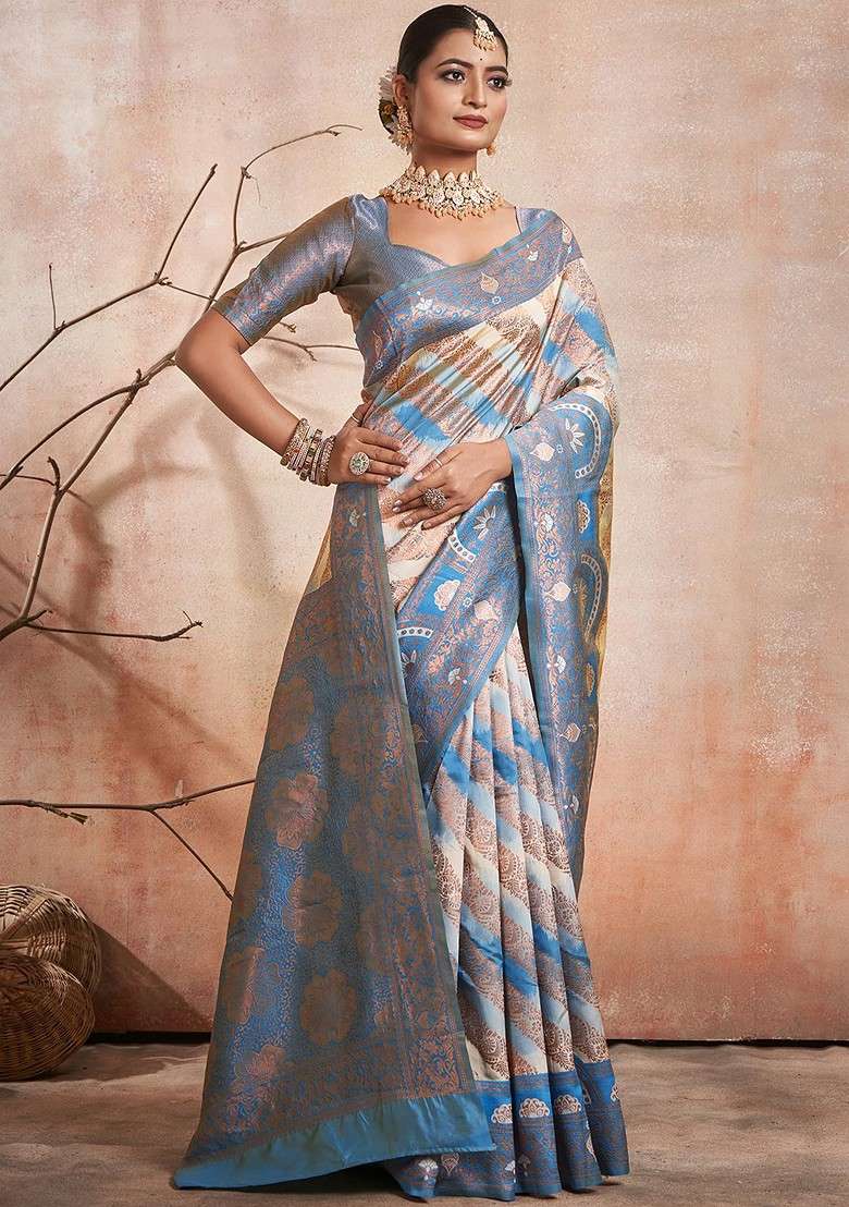 Cream Embroidered Blended Saree Set - Indya