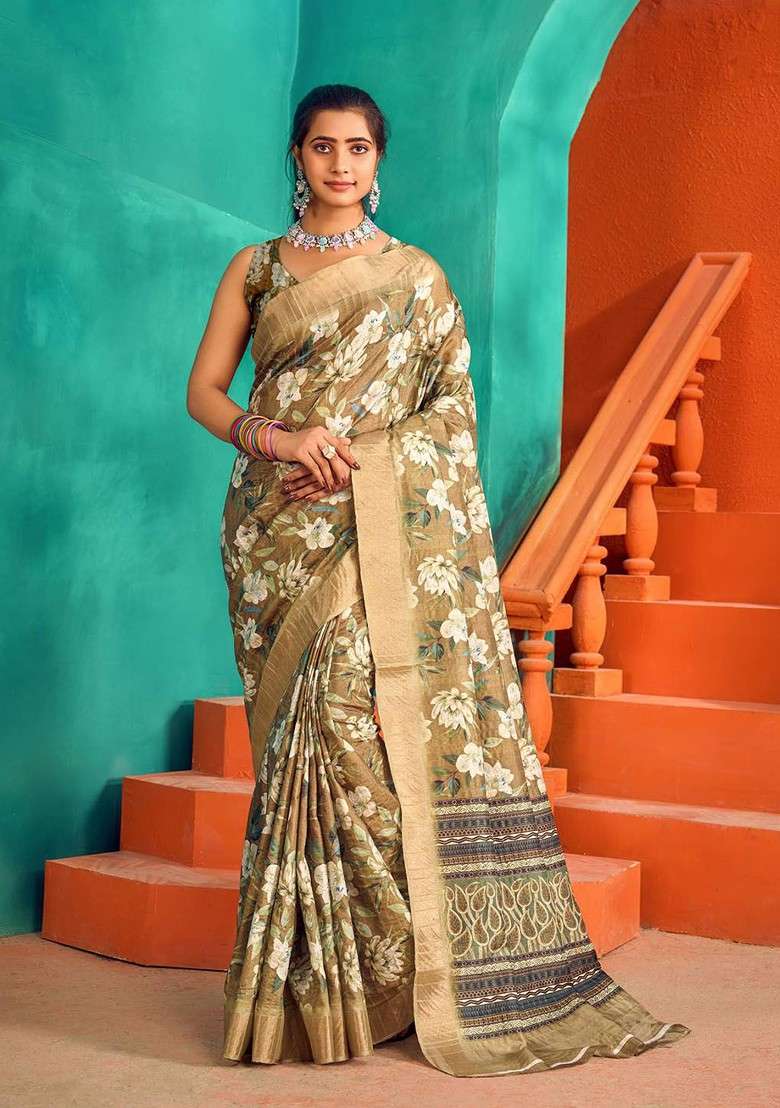 Green Printed Blended Saree Set - Indya