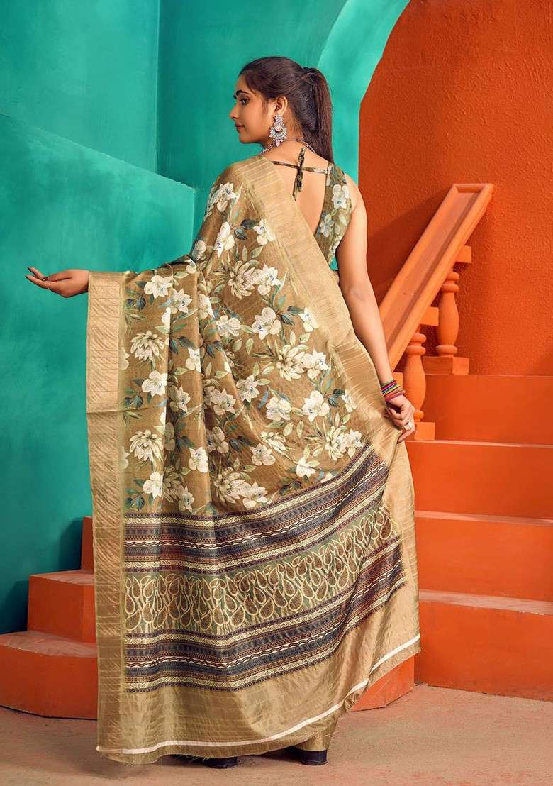 Green Printed Blended Saree Set - Indya