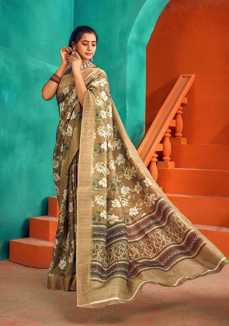 Green Printed Blended Saree Set - Indya