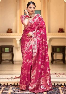 Pink Embroidered Blended Saree Set