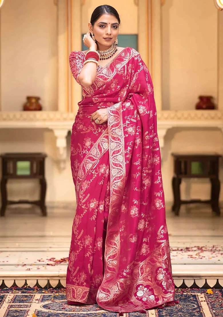 Pink Blended Saree Set with Embroidered for Diwali | Wedding & Festive Wear - Indya