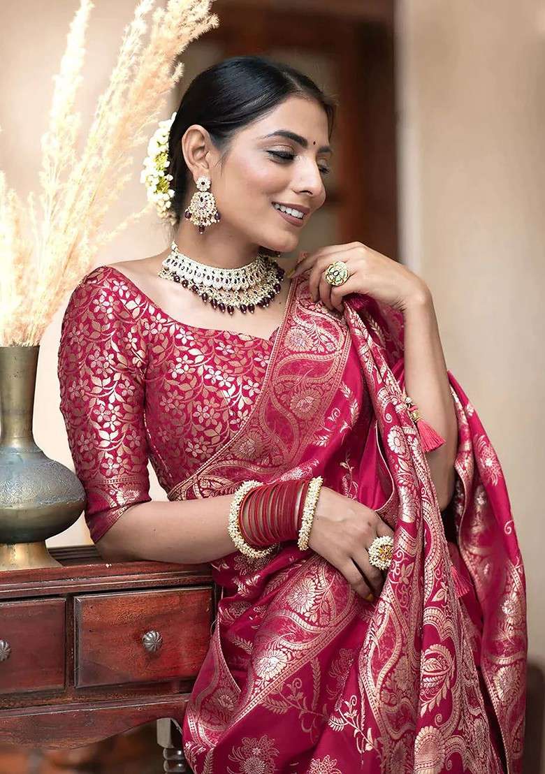 Pink Blended Saree Set with Embroidered for Diwali | Wedding & Festive Wear - Indya