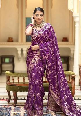 Purple Embroidered Blended Saree Set