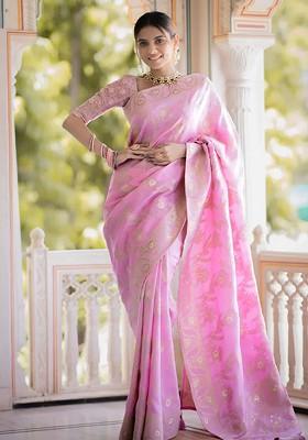 Pink Embroidered Blended Saree Set
