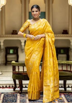 Yellow Embroidered Blended Saree Set