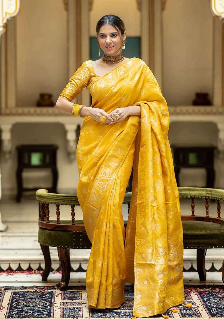 Yellow Blended Saree Set with Embroidered for Diwali | Wedding & Festive Wear - Indya