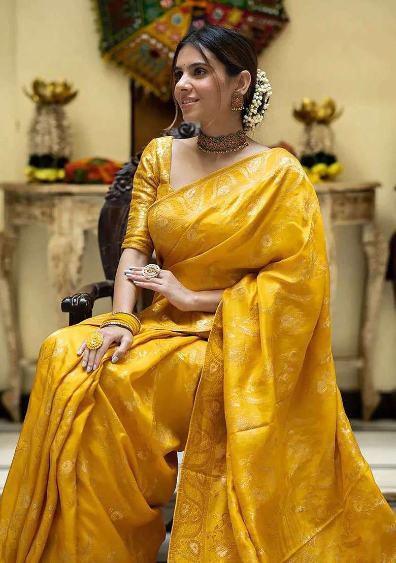 Yellow Blended Saree Set with Embroidered for Diwali | Wedding & Festive Wear - Indya