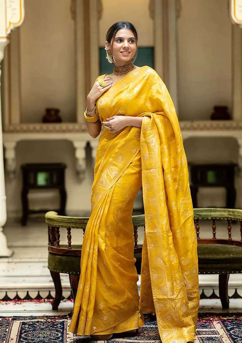 Yellow Blended Saree Set with Embroidered for Diwali | Wedding & Festive Wear - Indya