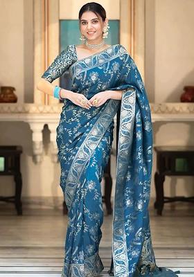 Teal Embroidered Blended Saree Set