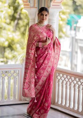 Pink Embroidered Blended Saree Set