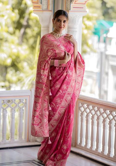 Pink Embroidered Blended Saree Set