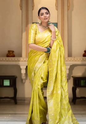 Yellow Embroidered Blended Saree Set