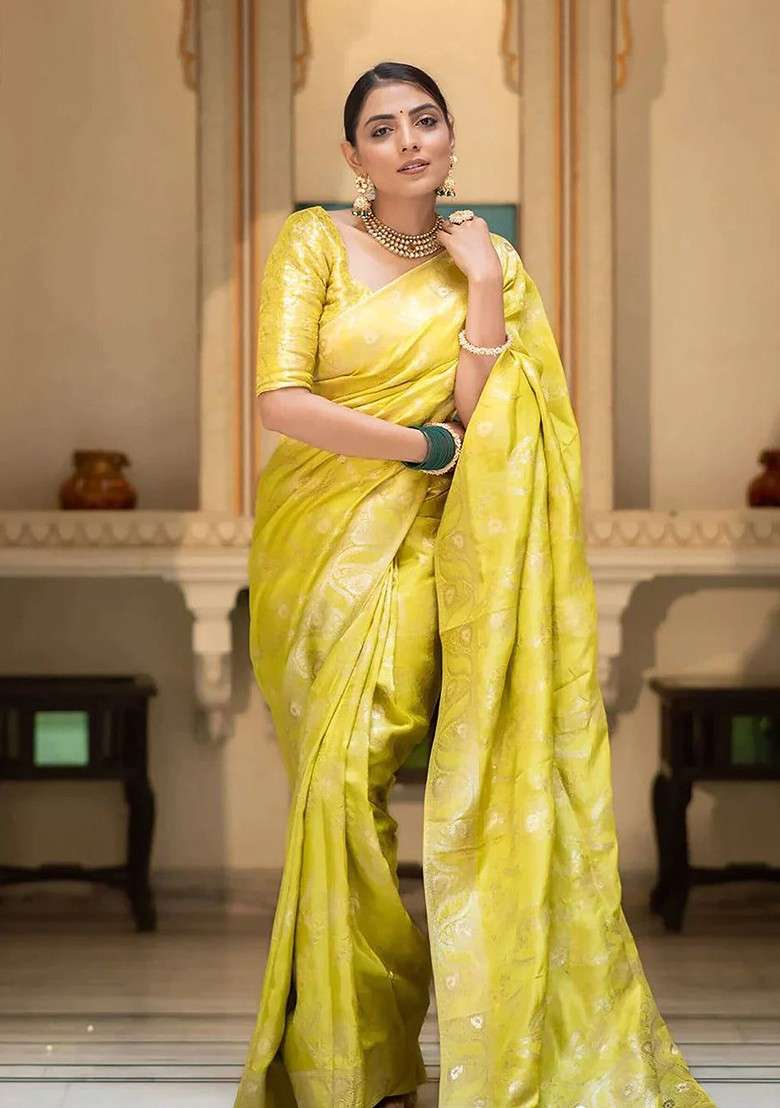 Yellow Blended Saree Set with Embroidered for Diwali | Wedding & Festive Wear - Indya