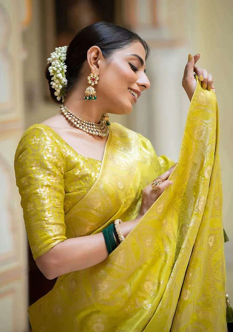Yellow Blended Saree Set with Embroidered for Diwali | Wedding & Festive Wear - Indya