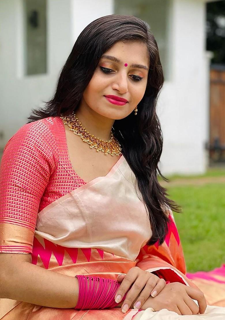 Beige Embroidered Blended Saree Set - Indya