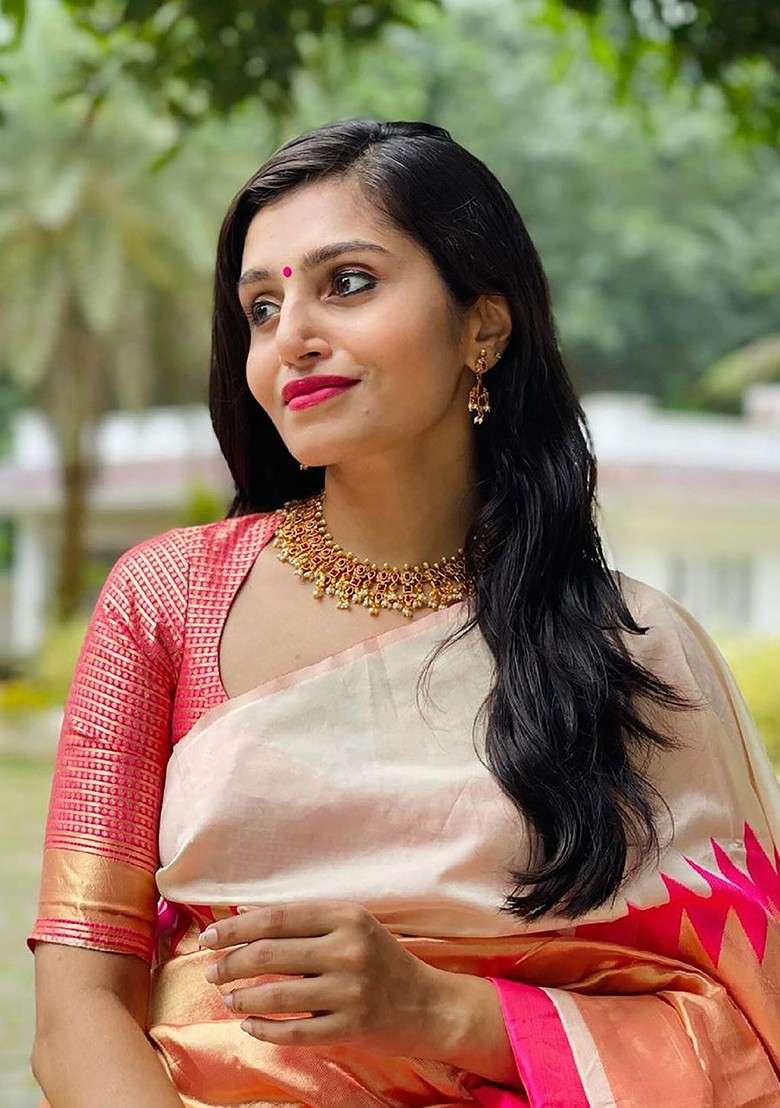 Beige Blended Saree Set with Embroidered for Diwali | Wedding & Festive Wear - Indya