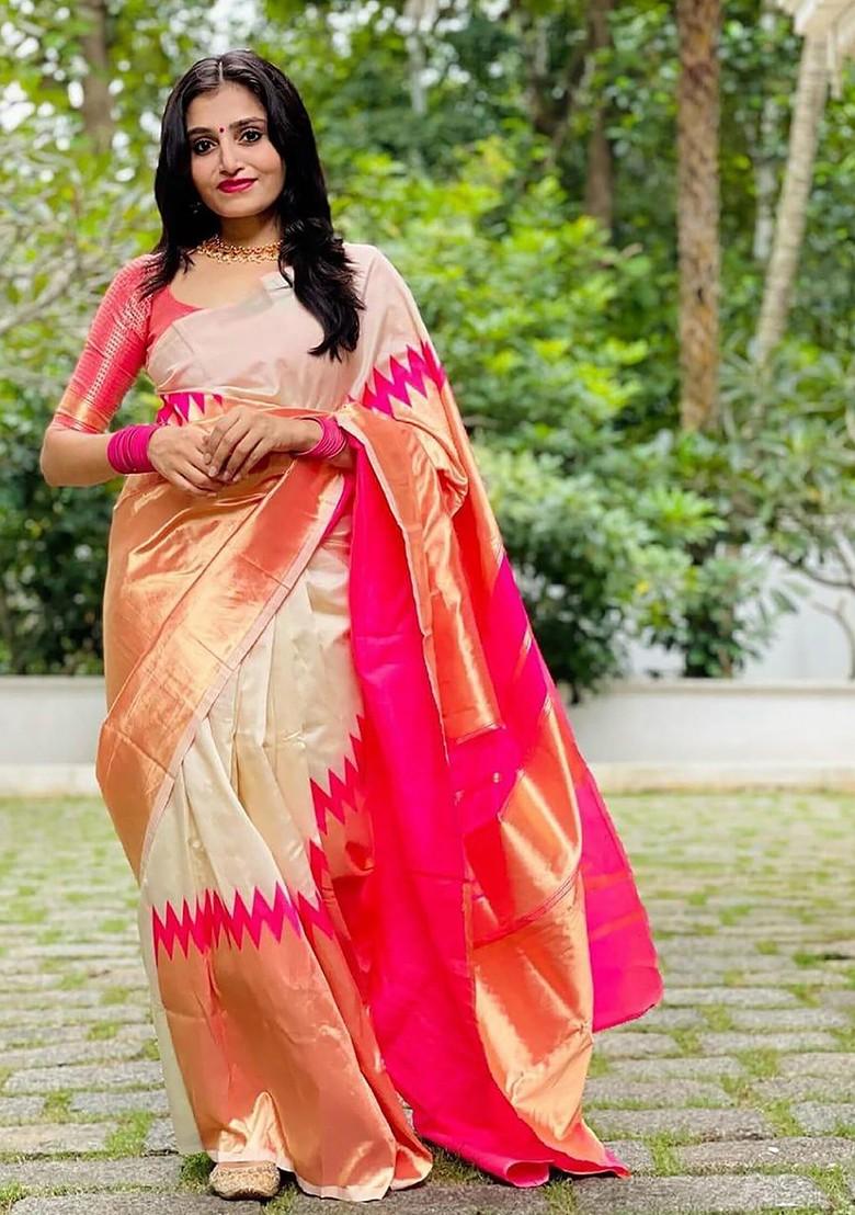 Beige Embroidered Blended Saree Set - Indya