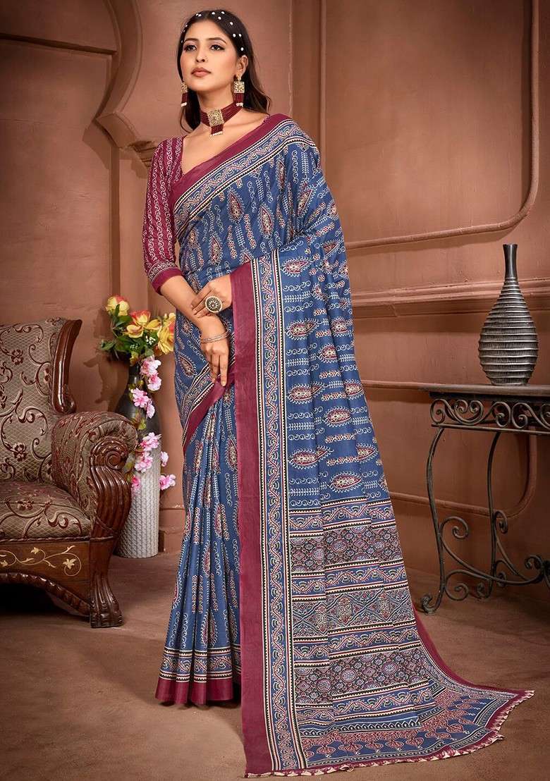 Blue Printed Blended Saree Set - Indya