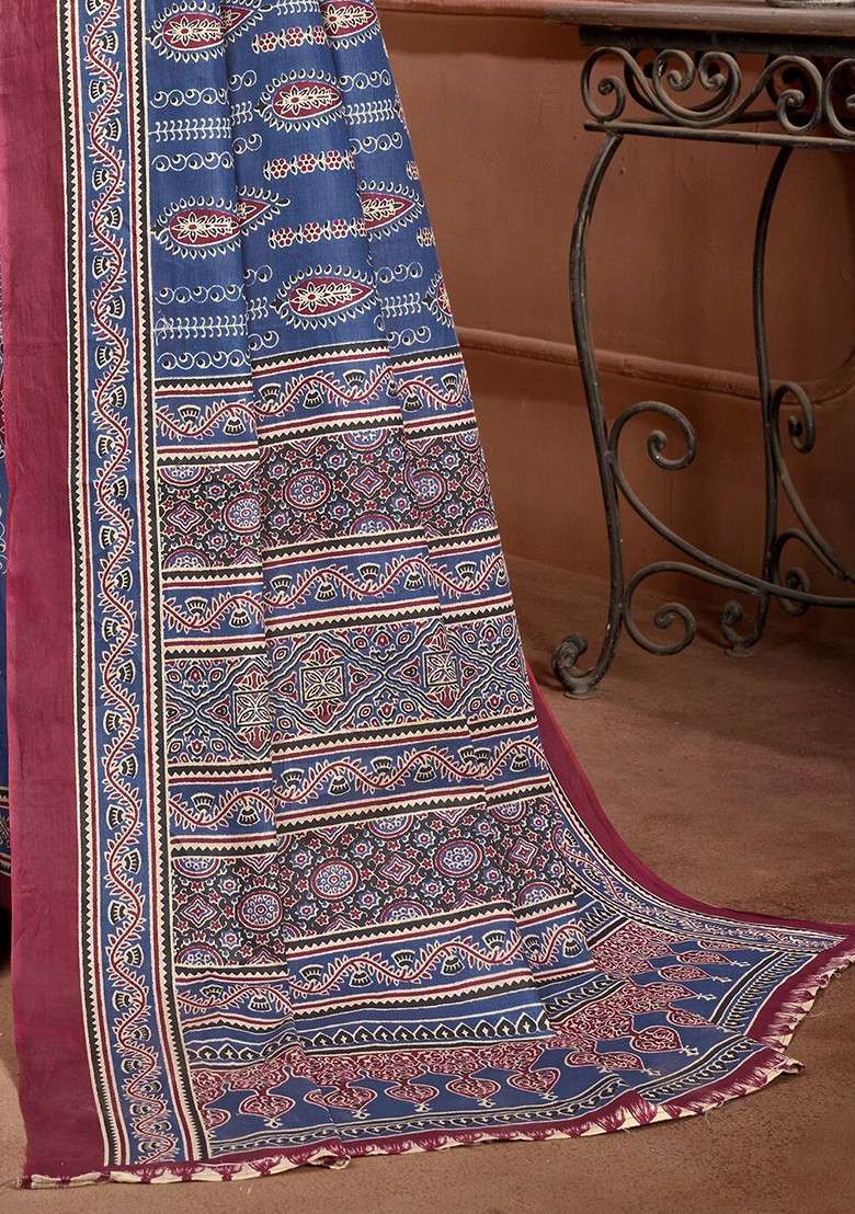 Blue Printed Blended Saree Set - Indya