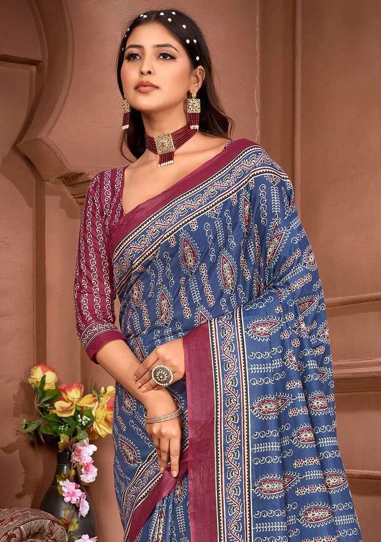 Blue Printed Blended Saree Set - Indya