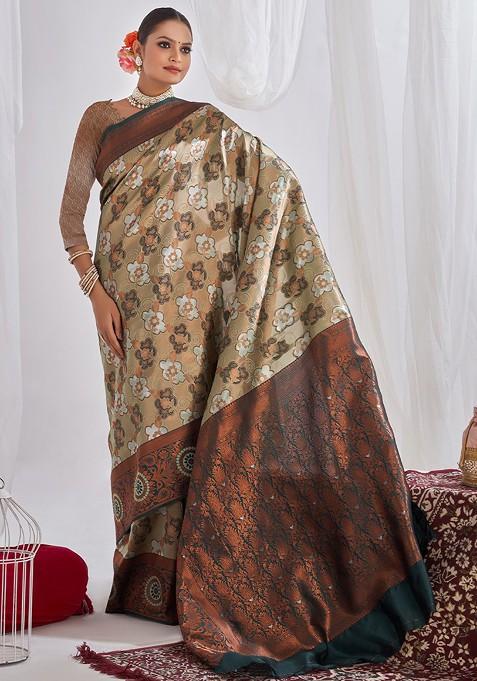 Sea Green Embroidered Blended Saree Set