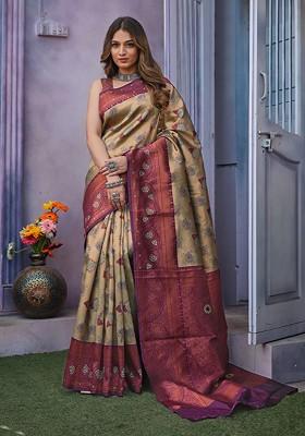 Cream Embroidered Blended Saree Set