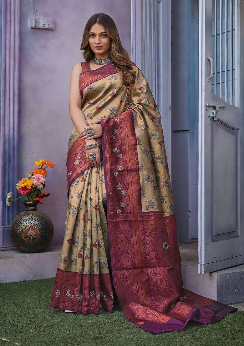 Cream Embroidered Blended Saree Set - Indya