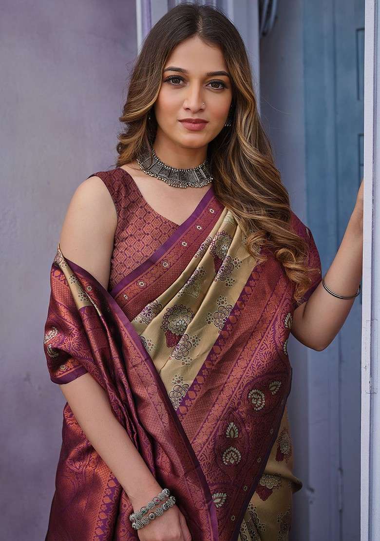 Cream Embroidered Blended Saree Set - Indya