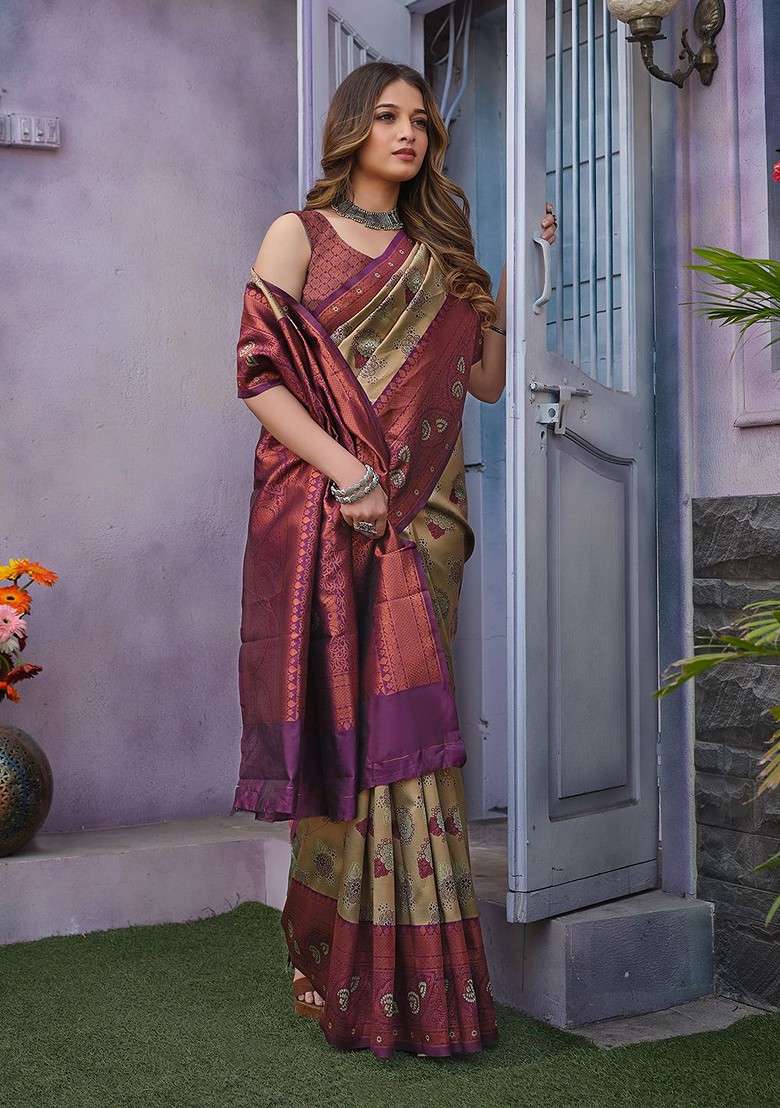Cream Embroidered Blended Saree Set - Indya