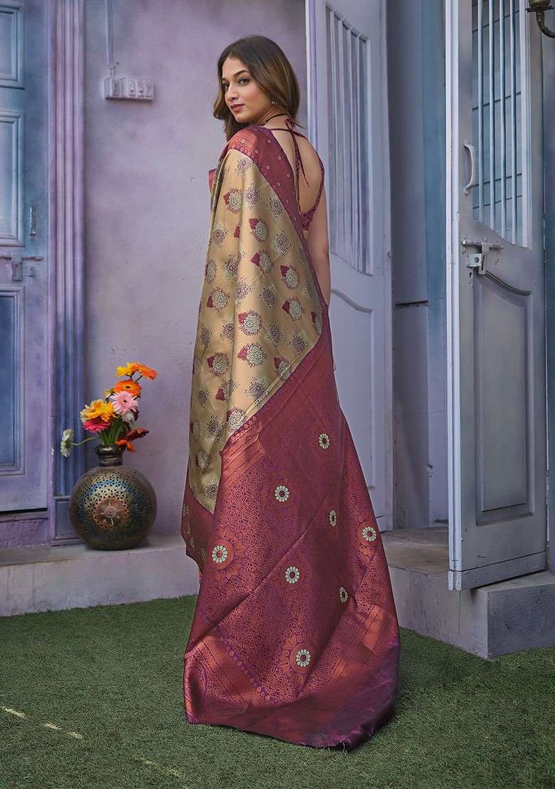 Cream Embroidered Blended Saree Set - Indya