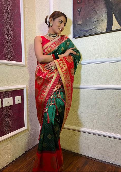 Green Embroidered Blended Saree Set